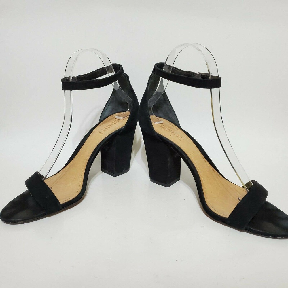 Schutz Jenny Lee Womens 8 Black Nubuck Block Heel Ankle Strap Sandals Shoes
